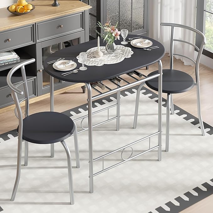 VECELO 3-Piece Dining Table Set for Kitchen Breakfast Nook, Wood Grain Oval Tabletop and Metal Frame with Built-in Wine Rack, for Small Spaces, Black & Silver
