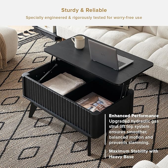 mopio Brooklyn Lift Top Coffee Table for Living Room, Mid Century, Modern Farmhouse with Lifting Tabletop & Hidden Storage, Fluted Panel, Rising Pull Up Dining Table (Black Oak)