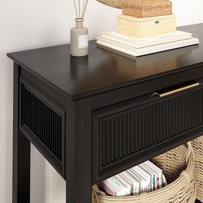 Bush Home Fluted Console Table with Drawers, Living Room Furniture, Camille Collection, Onyx Birch Black