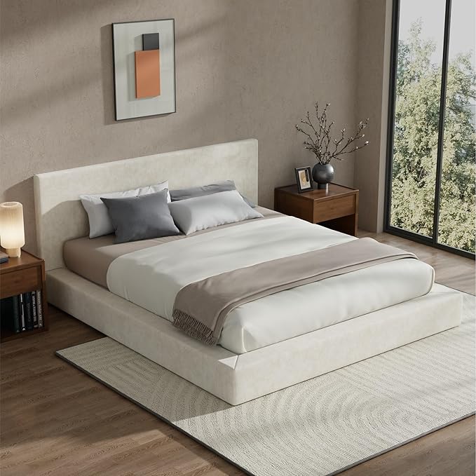 RECCI Cloud Upholstered California King Bed Frame with Headboard, 5 Inch Foam Padded Platform, No Box Spring, Easy Assembly (Cream)