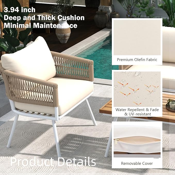 4-Piece Rope Outdoor Furniture Set - Patio Conversation Sofa Set with Acacia Wood Table, Metal Furniture with Deep Seating & Thick Cushion for Backyard, Balcony, Deck, Beige