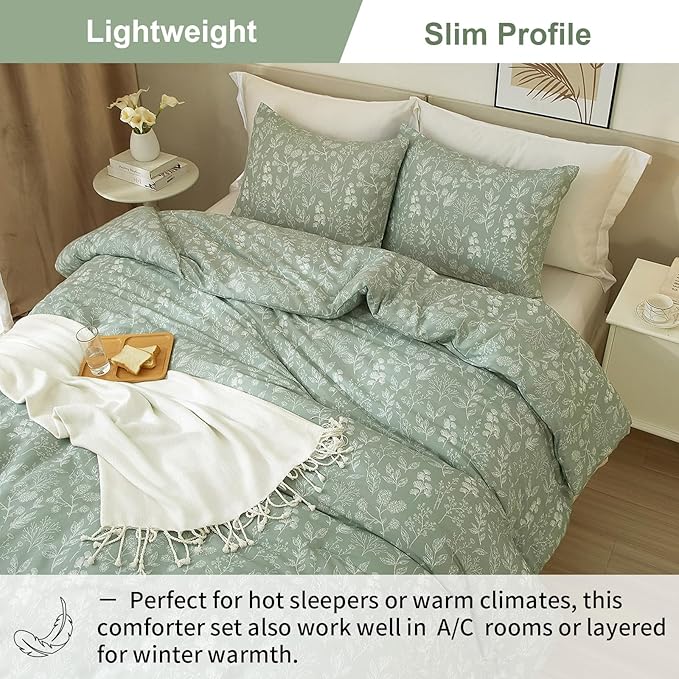 EAVD Queen Comforter Set Sage Green Floral Comforter Set Vintage Soft Microfiber Chic Cute Floral Bedding Comforter with 2 Pillowcases Fresh Reversible Botanical Comforter Set for All-Season