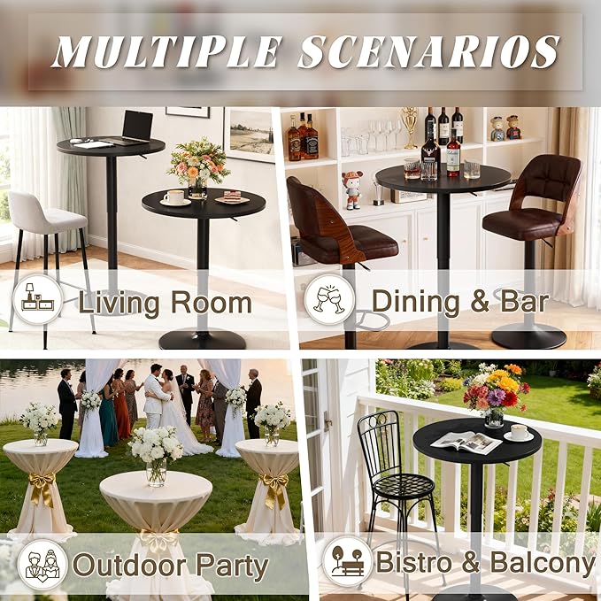 Shahoo Round Bar Table, Adjustable Height and 360° Swivel Bistro Pub Table, Cooktail Table for Bar, Bistro, Dining Room, Black