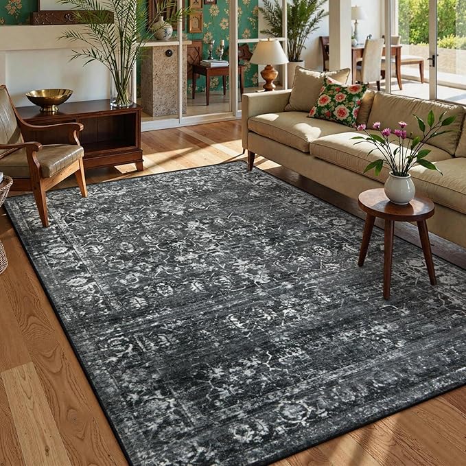 Lahome 6x9 Area Rugs Washable Rugs for Bedroom Large Black Area Rug for Bedroom,Soft Vintage Distressed Rug Non Slip Stain Resistant Indoor Carpet for Dining Decor
