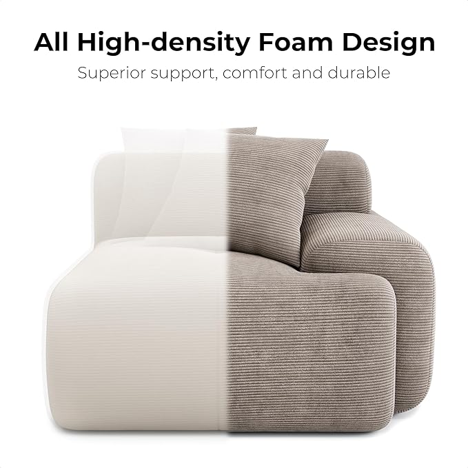 LIKIMIO 118" Modern L-Shaped Modular Sectional Sofa for Living Room, Corduroy Upholstery Light Brown, Oversized 3-Seater Couch with Deep Seat and Movable Ottoman – No Assembly