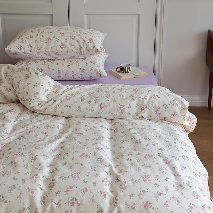 EAVD Pink Purple Floral Comforter Set King Soft Microfiber Chic Shabby Garden Floral Bedding Set with 2 Pillowcases Fresh Cute Botanical Comforter Set for All-Season