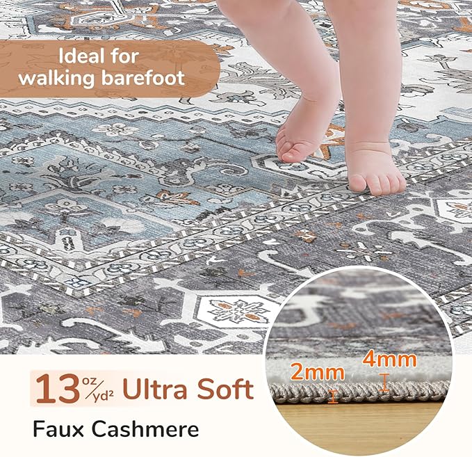 OPPODREAM Thin 8x10 Area Rugs, Washable Rugs 8x10 with Non Slip Backing, Faux Cashmere Low-Pile 8 x 10 Carpet, Grey & Teal & Yellow