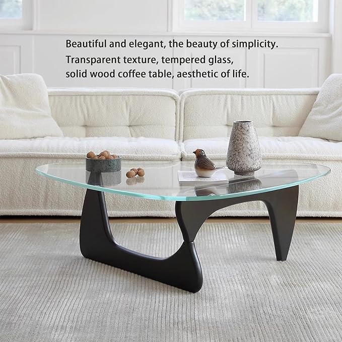 EASYSOUL Modern Glass Coffee Table, 32.68" D x 22.44" W x 15.75" H, Abstract Round Tea Tables for Living Room Home Office Industrial Cocktail Tables (Black-Clear Glass, 32.68")