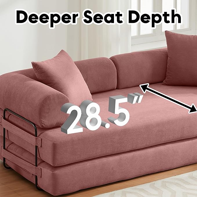 Convertible Sleeper Sofa Bed with Cylindrical Pillow, Corduroy Folding Boneless Couch with Fixed-Shape Frame, Floor Sofa Lounge Couch for Living Room Bedroom Lounge Studio-Pink