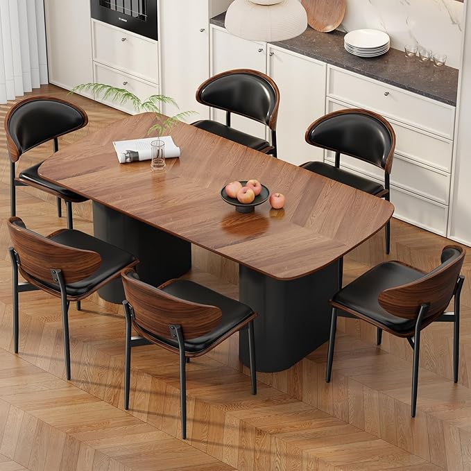 Dining Chairs Set of 2, Mid-Century Modern Upholstered PU Leather Chairs with Walnut Bentwood Back and Metal Legs Adjustable Feet for Kitchen Dining Room, Black PU