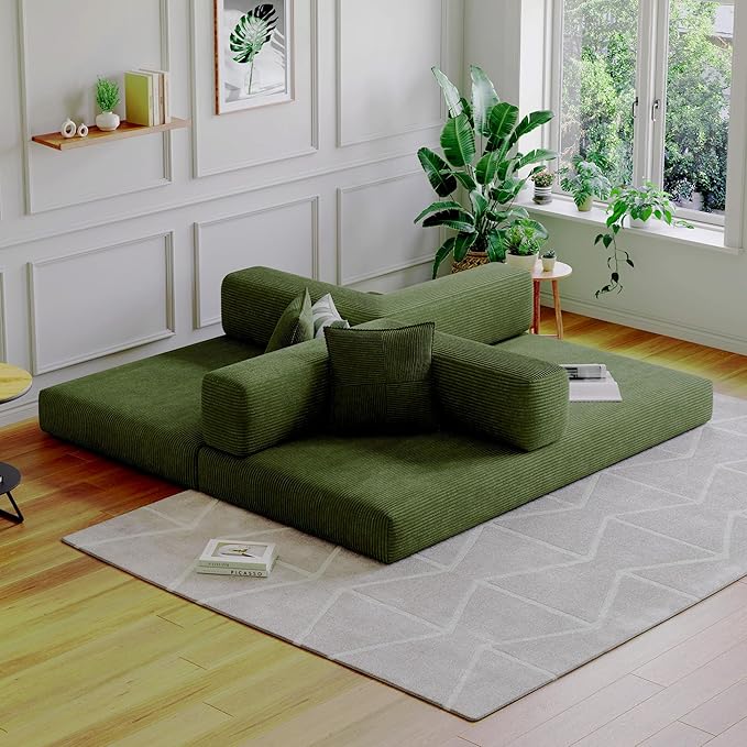 Compressed Sleeper sofa bed,Convertible Floor Boneless Couch-With Comfy Pillow,Modular Modern Corduroy Sofa for living room Bedroom Lounge Studio-With Fixed-shape Frame and support Armrest(Green)
