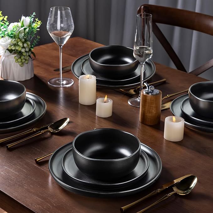 AmorArc Ceramic Dinnerware Sets, Wavy Rim Stoneware Plates and Bowls Sets, Highly Chip and Crack Resistant | Dishwasher & Microwave & Oven Safe Dishes set, Service for 8 (24pc)