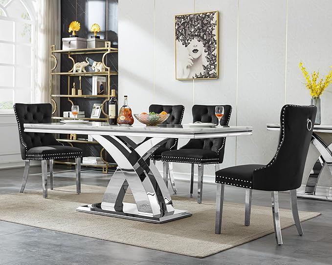 Goujxcy 7-Piece Dining Table Set Modern Faux Marble Dining Table Set for 6, Luxury 68" Long Faux Marble Kitchen Table with 6 Velvet Upholstered Chairs & Mirrored Stainless Steel Base