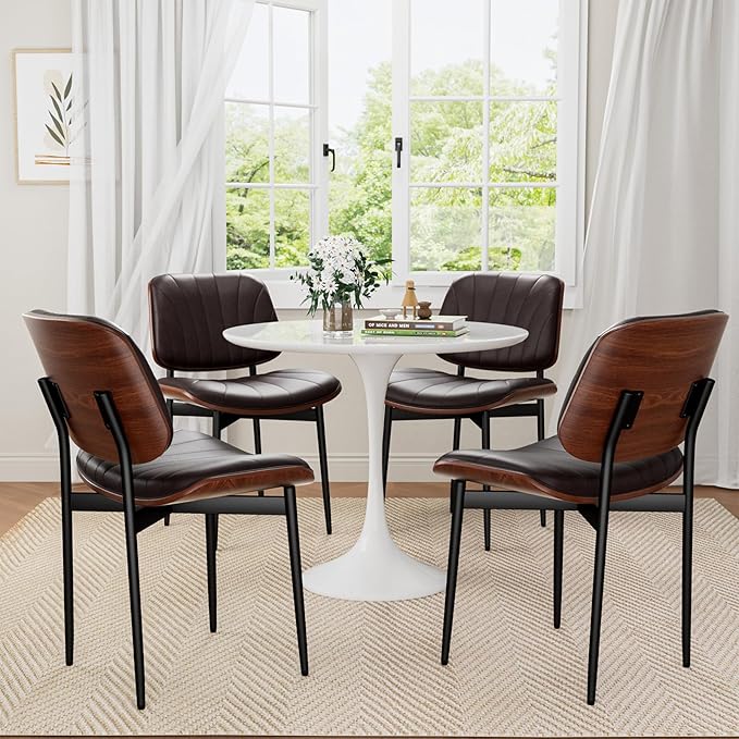 Dining Chairs Set of 2, Mid-Century Modern Upholstered PU Leather Chairs with Walnut Bentwood Back and Metal Legs Adjustable Feet for Kitchen Dining Room, Dark Brown Shell Strips