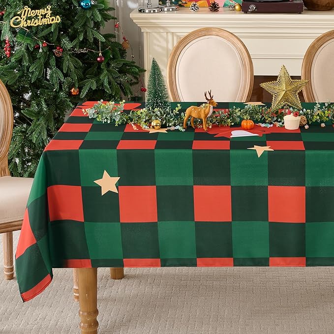 Christmas Tablecloth Rectangular 60x84 Inch for 4ft Waterproof, Machine Washable Checkered Polyester Table Cover for Xmas Party, Winter Holiday Home Decoration in Festive Checkered Star 1pack