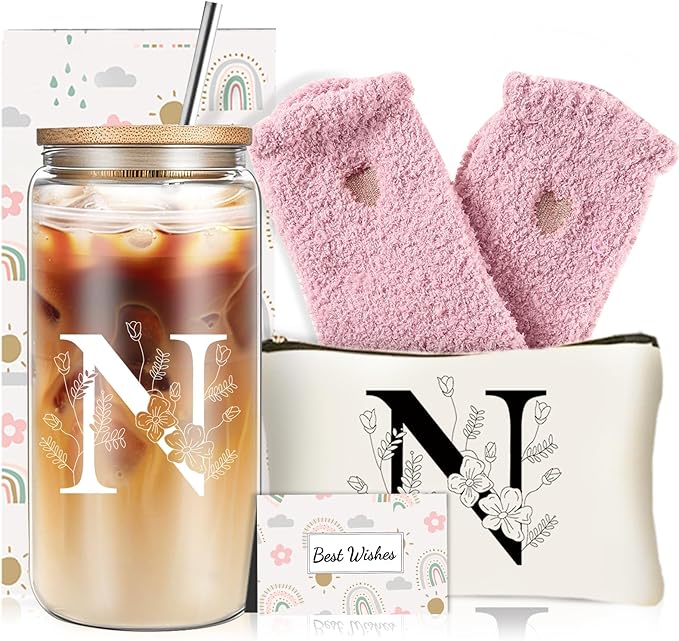 Unique Initial Glass Cup with Lids and Straws, Monogrammed Gifts Box Included Makeup Bag, Christmas Birthday Gifts for Women Mom Sister Grandma, N