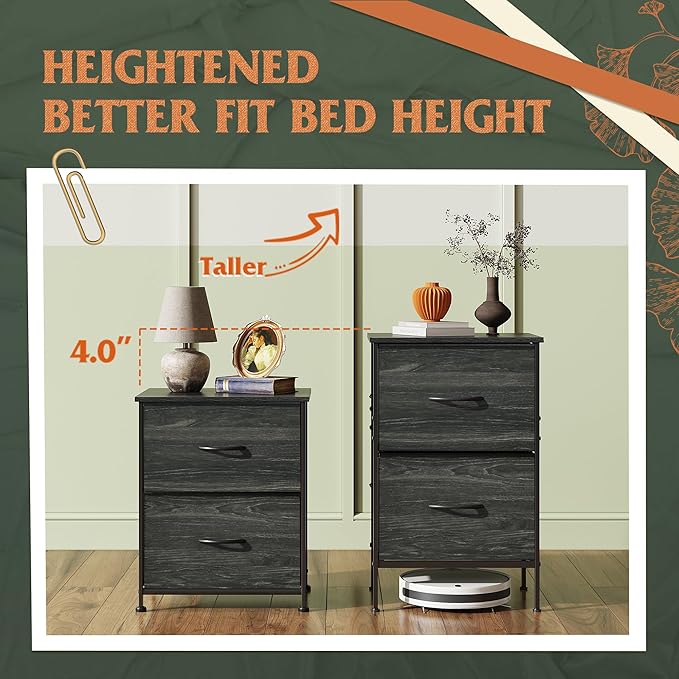 WLIVE Black Night Stand Set of 2, Small Dresser with 2 Drawers & Wooden Top, Nightstand with Fabric Bins, Bedside Table End Table for Bedroom, Closet, Entryway, College Dorm, Charcoal Black