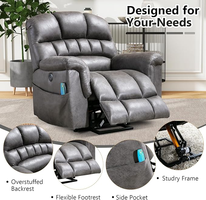Large Power Lift Recliner Set of 2 with Massage and Heat for Elderly, Faux Leather Electric Lifting Recliners with USB Port, Oversized Reclining Sofa Chair for Living Room, Grey