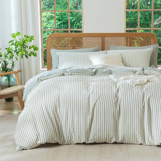 Queen Size Comforter Set Striped Soft Luxury Washed Microfiber Jacquard 3 Pieces Bedding, Grayish Green Vertical Ticking Stripes Pattern Comforter with 2 Pillowcases Breathable Durable Comfy