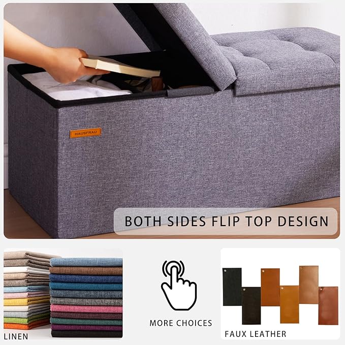 HAUSFRAU 31.5 Inches Ottoman with Storage, Folding Ottoman Bench Small Foot Rest Stool, Bedroom Bench with Flipping Lid, Linen Grey