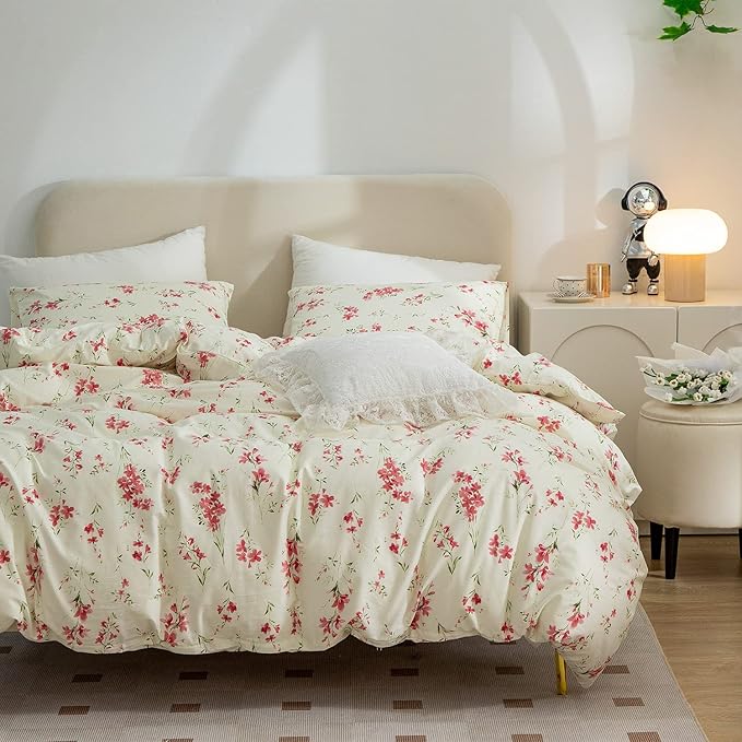 Full Floral Comforter Set Soft Cute Floral Bedding Comforter Sets Garden Style Red Flower Print Botanical Flowers Comforter Set for All Seasons 1 Comforter and 2 Pillowcases