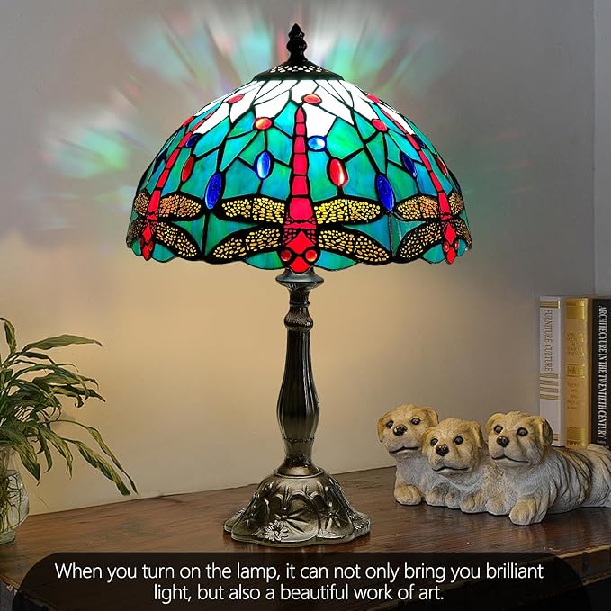 Majestic 12 Inch Dragonfly Tiffany Style Table Lamp,Handcrafted Stained Glass Lamps for Living Room, Dining Room Decor,Large Artisan Tiffany Lamps with LED Bulb.