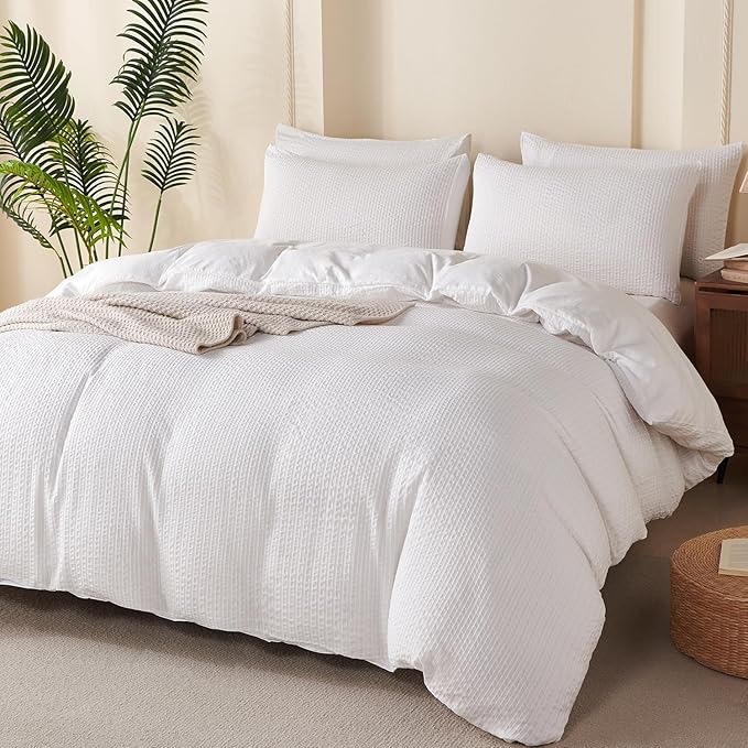 White Comforter King Set Striped 100% Soft Washed Microfiber Jacquard 3 Pieces Striped Bedding Sets White Comforter for All Seasons and 2 Pillowcases Comfort Breathable