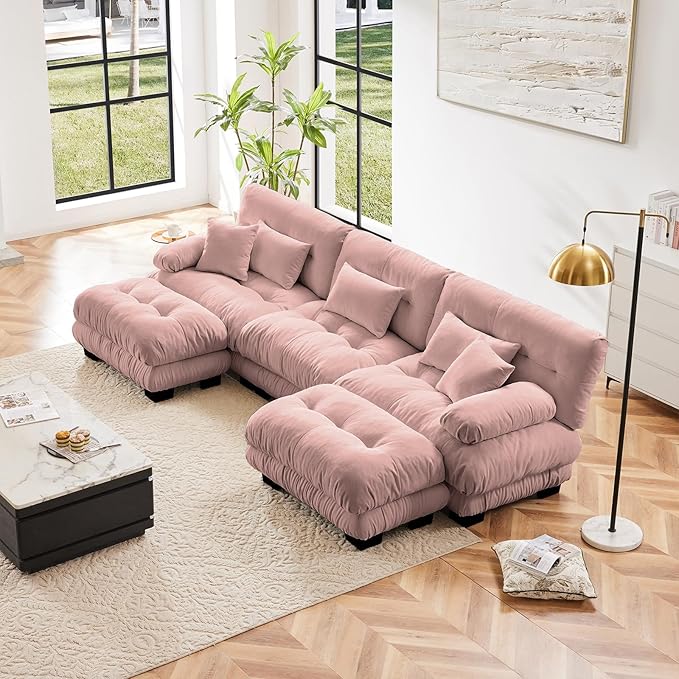 133.8" Oversized Couch, 3 Seater Modular Sectional Sofa, Pink Large U Shaped Sectional Fluffy Couch Set, Chenille Cloud Couch with Ottoman, Deep Seat Sofas for Living Room