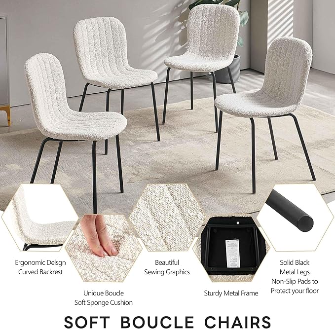 Dining Chair Upholstered Set of 4, Modern Home Kitchen Chairs Boucle Tufted Living Room Chairs with Backrest, Comfy Side Chair with Black Metal Legs