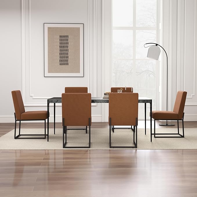 VKNOW Upholstered Dining Chairs Set of 6, Modern Dining Room Chairs, Linen Kitchen Chair Dinner Chair with Black Metal Base for Kitchen Office, Orange-Unstriped