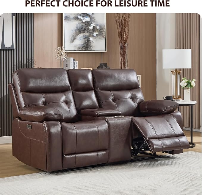 CANMOV Genuine Leather Power Recliner Loveseat, 2 Seat Loveseat Reclining Sofa with Storage Console,Hidden Cup Holders,Modern Electric Recliner Couch Set for Living Room, Bedroom,Dark Brown