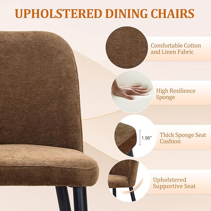 Upholstered Dining Chairs Set of 2, Mid Century Modern Fabric Dining Room Chair High-Back Padded Kitchen Chairs with Padded Seat and Metal Legs for Kitchen Dining Room Restaurant Cafe, Brown