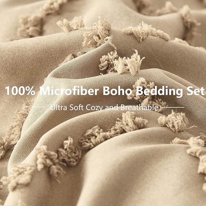 Khaki Tufted Comforter Set King Size 7 Piece Bed in a Bag,Shabby Chic Boho Comforter and Sheet Set,All Season Soft Microfiber Complete Bedding Set(Khaki,102"x90")