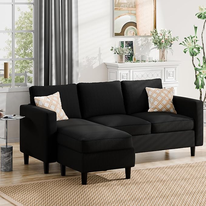 JAMFLY Sectional Sofa Couch Convertible L Shaped Sofas with Ottoman Small Sectional Couches for Living Room, 3 Seater Couch for Small Spaces, Black