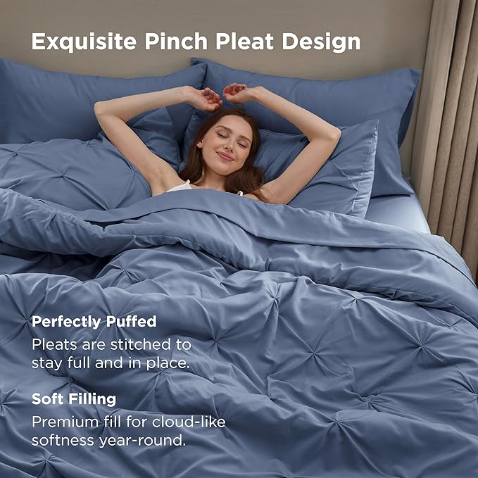 Bedsure King Size Comforter Set Slate Blue - Bed in a Bag Bedding Set 7 Pieces, GentleSoft™ Pintuck Bed Set Gift for Family, Pinch Pleat Slate Blue Comforter with Sheets, Pillowcases & Shams