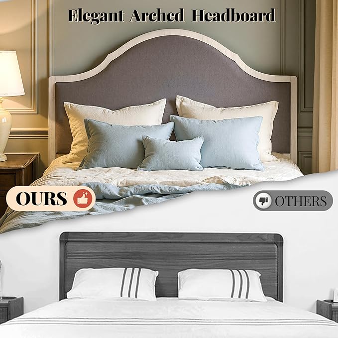 Jocisland Full Size Bed Frame with Tall Upholstered Curved Headboard, Solid Wood Platform Bed, No Box Spring Needed, Wood Slat Support, Easy Assembly, White