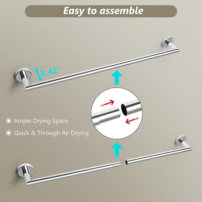 Bath Towel Bar 30 Inch Towel Rack for Bathroom Wall Mounted Bath Towel Holder Modern Towel Rods Chrome Towel Hanger Bathroom Accessories Towel Rails Stainless Steel Single Towel Bars Polished Chrome