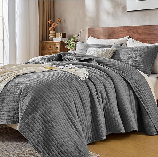 DOWN HOME Twin Quilt Bedding Set with Sham, Vintage Washed Soft Quilted Blanket Thin Comforter Lightweight Bedspread Coverlet Bed Cover, Brushed Microfiber Stripe Stitching, Ash Gray, 66"x92"