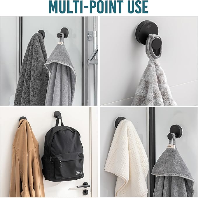 TAILI Stylish 304 Stainless Steel Bathroom Suction Hooks for Towel, Bathrobe, Loofah, No Damage Hanging Glass Shower Wall Hook, Patented Strong Suction Cup Holder, Hold Up to 11 Lbs, O-Cylinder Black