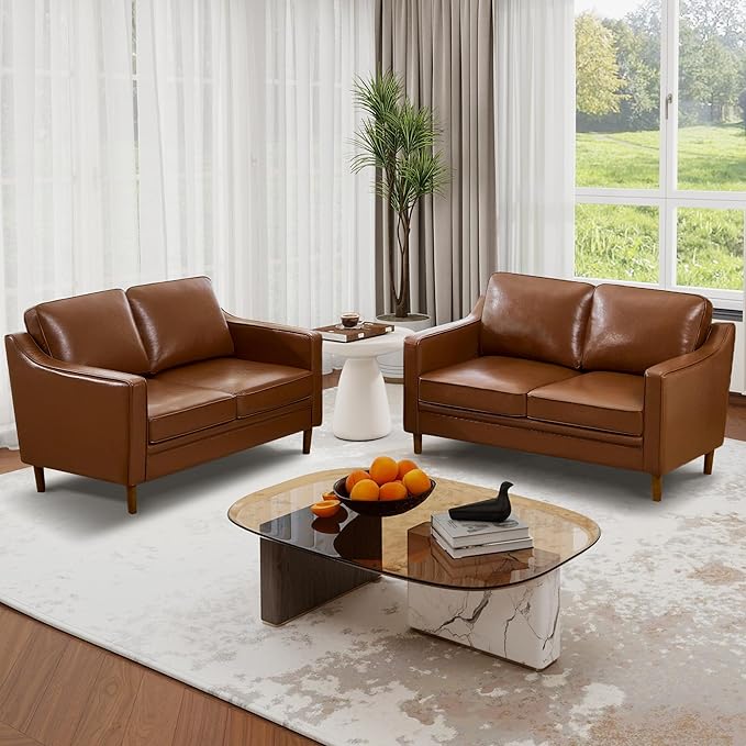 Kingfun 56" Faux Leather Sofa, Loveseat Couch, Mid Century Modern Love Seat Couches with Solid Wood Frame for Living Room & Bedroom, Dark Brown