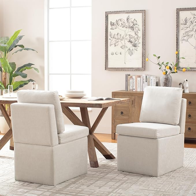 VKNOW Upholstered Dining Chairs, Modern Kitchen Chairs with Storage, Linen Armchair Dining Room Chairs for Kitchen Room (Beige, Set of 1)