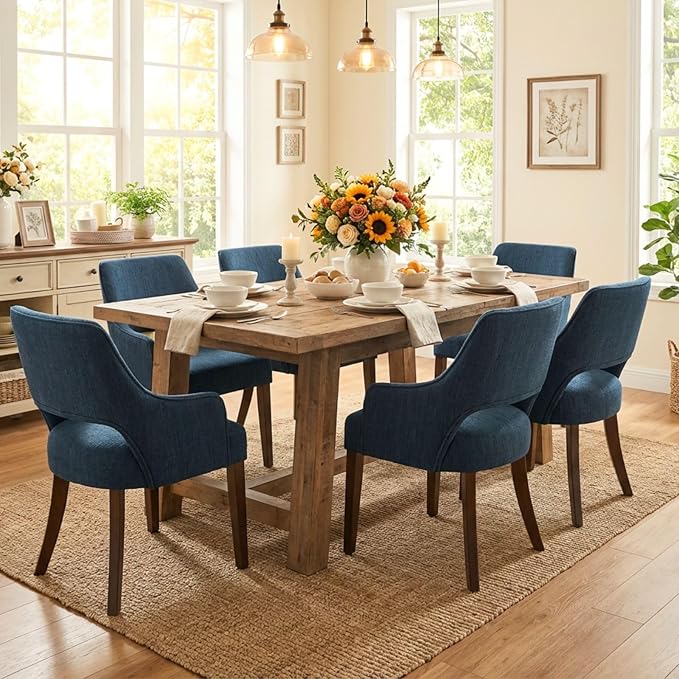 Farmhouse Dining Chairs Set of 2 Upholstered Linen Kitchen Chairs Accent Side Chair with Solid Wood Legs/Armrest for Living Room/Dining Room/Bedroom/Restaurant, Blue