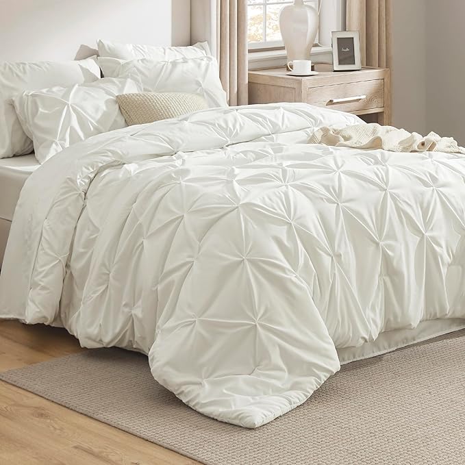 Bedsure King Size Comforter Set Ivory - Bed in a Bag Bedding Set 7 Pieces, GentleSoft™ Pintuck Bed Set Gift for Family, Pinch Pleat Ivory Comforter with Sheets, Pillowcases & Shams