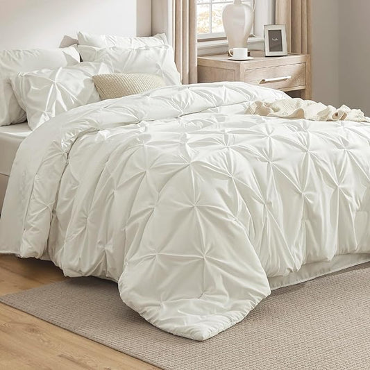 Bedsure King Size Comforter Set Ivory - Bed in a Bag Bedding Set 7 Pieces, GentleSoft™ Pintuck Bed Set Gift for Family, Pinch Pleat Ivory Comforter with Sheets, Pillowcases & Shams