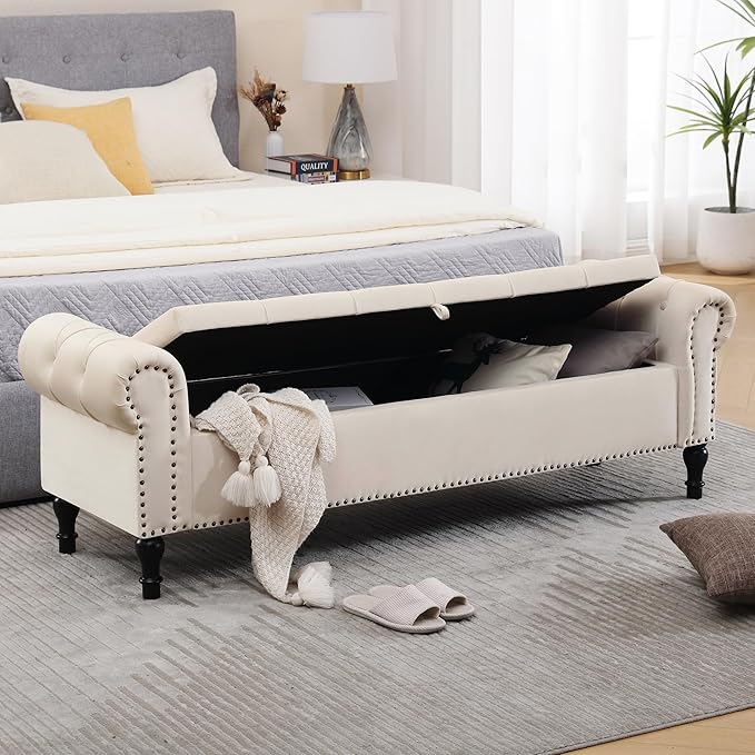 Storage Bed Bench for Bedroom, Velvet 67" End of Bed Benches, King Size Bench with Armrest, Tufted Button Upholstered Ottoman Bench for Living Room, Entryway, Cream Beige