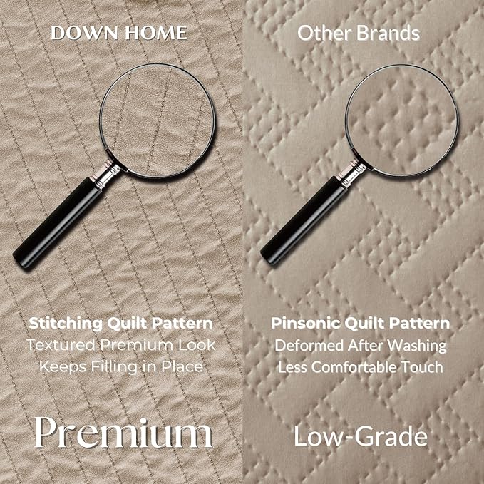 DOWN HOME Queen Quilt Bedding Set with Shams, Vintage Washed Soft Quilted Blanket Thin Comforter Lightweight Bedspread Coverlet Bed Cover, Brushed Microfiber Stripe Stitching, Brown, 86"x90"