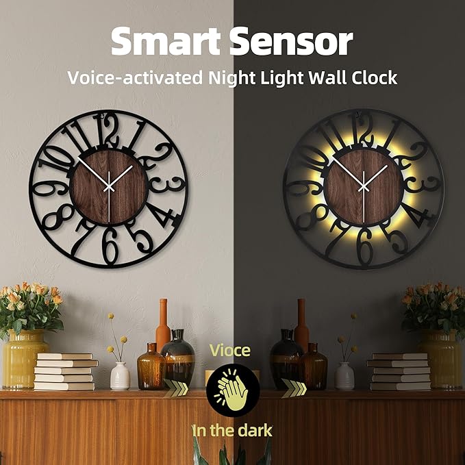30 Inch Large Metal Wall Clock with Voice and Light Sensor Night Light, Glow in The Dark Non-Ticking Silent Battery Operated Decorative Oversized Wall Clock for Bedroom Living Room Decor