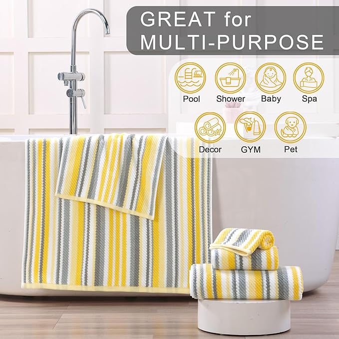 Yellow Striped Washcloths 6PC - 100% Cotton, Quick Dry, Soft, Absorb & Lightweight, Washcloth 13"x13", Striped Wash Cloth Decorative Set, Luxury Wash Cloths Set for Bathroom, Yellow + Gray