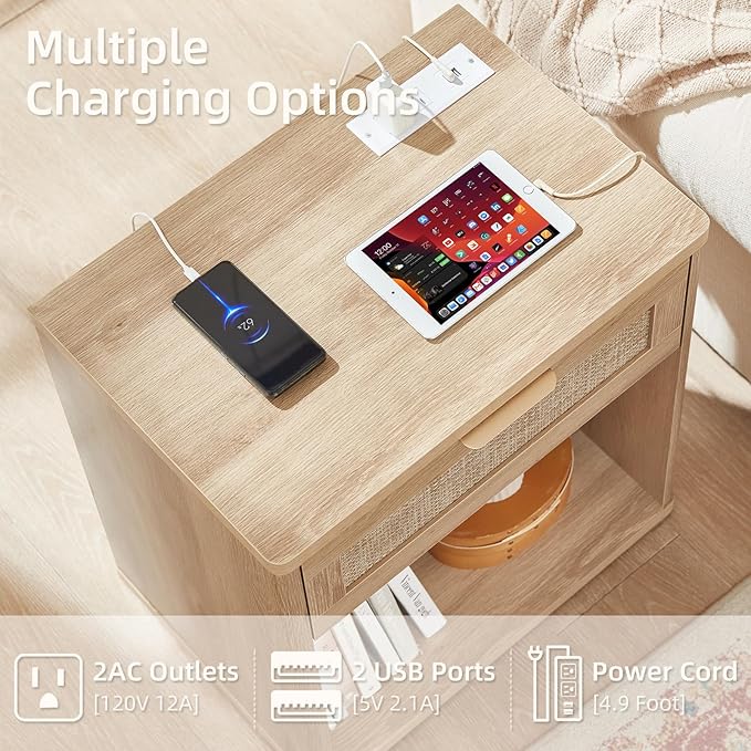 LEYAOYAO Boho Rattan Coffee Table Sets 3 Pieces, Nightstand with Charging Station and Coffee Table with Hidden Storage Compartment, Natural Living Room Table Set, Wood Furniture Sets for Home Office