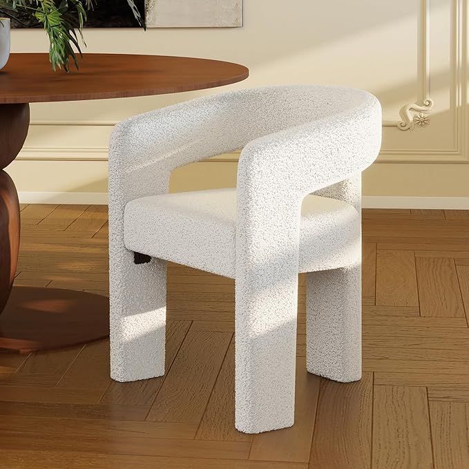 Modern Sherpa Barrel Dining Chair Upholstered Faux Fur Dining Room Chair with arm Comfy Accent Side Chair for Kitchen/Living Room/Reception, White